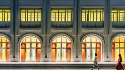 Fototapeta premium People at front of a classic old building with beautiful lights.
