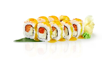 Rolls with cream cheese, salmon, apple topped with prawn and mango chili sauce