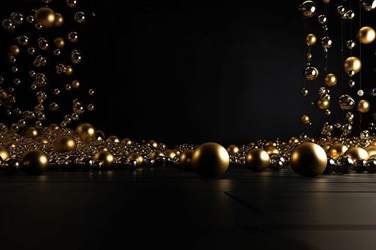 Black background with golden baubles and lights, xmas card with glass balls for greetings. Luxury scene for seasonal celebration. Generative AI.