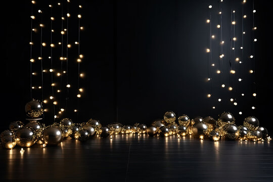 Black background with golden baubles and lights, xmas card with glass balls for greetings. Luxury scene for seasonal celebration. Generative AI.