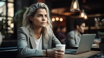 Obraz na płótnie Canvas Businesswoman working with laptop in cafe, Remote work concept, Female freelancer.