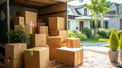 Boxes waiting to be moved into a new home, Moving house day and real estate concept.