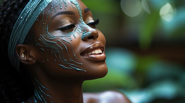 Black Woman Applying Cream On Her Face, Smiling Black Woman Applying Body Cream Portrait, Cosmetic Moisturizing Lotion On Perfect Hydrated Soft Skin.