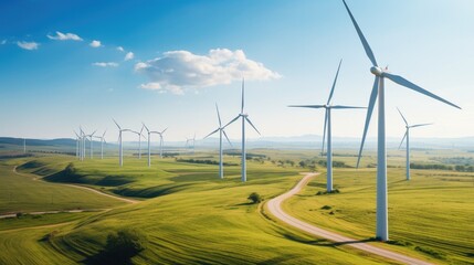 Panoramic view of wind farm or wind park with high wind turbines for generation electricity, Wind Energy And Technology, Green energy concept. - obrazy, fototapety, plakaty