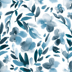 Watercolor abstract floral in blue and gray. Seamless pattern.  - 621312106
