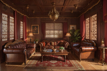 Luxury hotel old room vintage interior with leather sofa wood table and a roof ceiling fan with big light. Generative AI