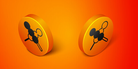 Isometric Meatballs on wooden stick icon isolated on orange background. Skewer with meat. Orange circle button. Vector