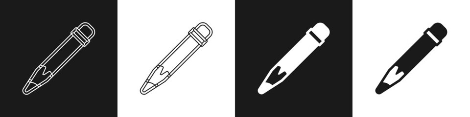 Set Pencil with eraser icon isolated on black and white background. Drawing and educational tools. School office symbol. Vector