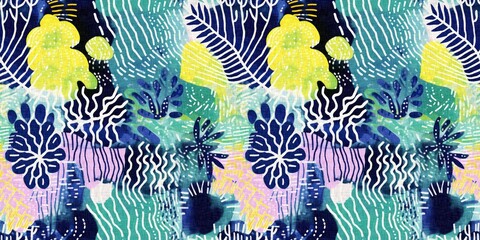 Tropical modern coastal pattern clash fabric coral reef border print for summer beach textile designs with a linen cotton effect. Seamless trendy underwater kelp and seaweed ribbon edge background