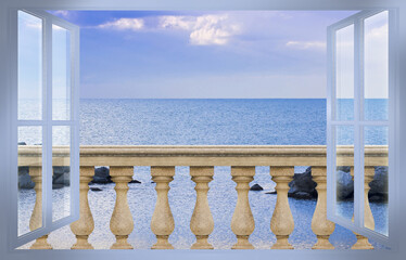 Concrete italian balustrade against a calm sea in a sunny day - concept image seen from a window