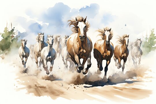 Horses sprinting through the wild on a dirt road. (Illustration, Generative AI)