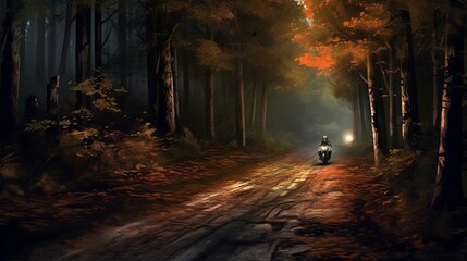 Person in the woods - A beautiful night track in the woods, where a motorcyclist rides, Generative AI