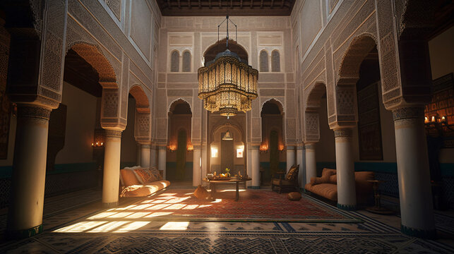 Majestic interior of a Moroccan Palace, traditional handcrafts & Zellij - Generative Art