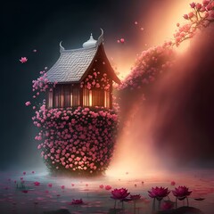 Fototapeta premium A huge pile of roses with a house on top of it with a black background and a red light coming from above