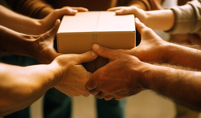 Inspiring closeup of hands holding a textured moving box in a soothing minimalist style, emphasizing unity and cooperative effort; brown and white hues. Generative AI