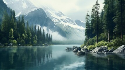 body of water, calm body of water surrounded with trees and mountains, HD wallpaper, Generative AI