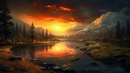 Capture the Magic of Nature: A Perfect Sunset Landscape Wallpaper, sunset over the river, Generative AI