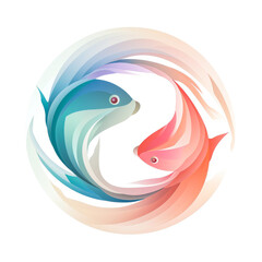 Enthraling pastel depiction of Pisces sign, centered in a minimalist circle on a white backdrop. Brims with celestial charm and sleek simplicity. Generative AI