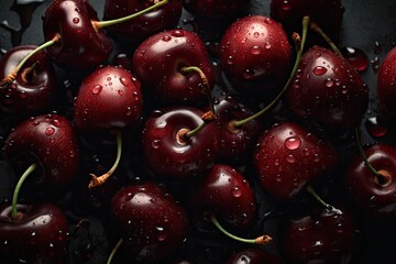 Fresh Ripe Red Cherry with Water Drops Close Up on Organic Background. Healthy Fruit Agriculture and Refreshing Water Drop Focus