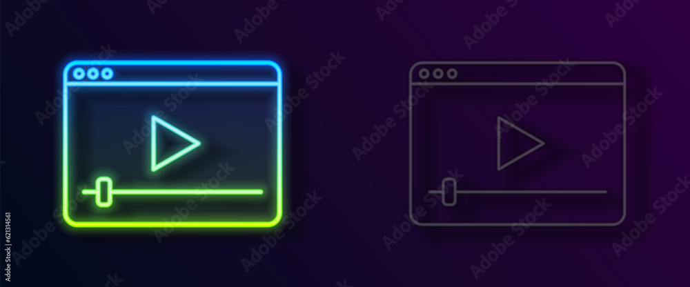 Canvas Prints Glowing neon line Online play video icon isolated on black background. Film strip with play sign. Vector