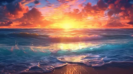 Zelfklevend Fotobehang Dusk on the Shore, Radiant Beauty Ocean Sunset: A Stunning Beach Landscape loop animation, sunset over the sea © Ameer