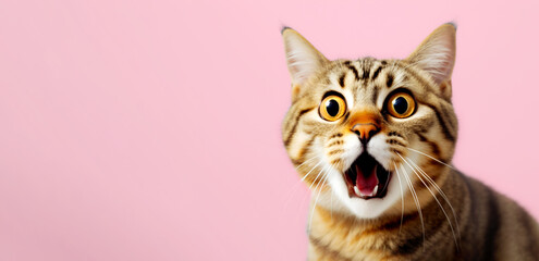 Crazy surprised cat makes big eyes close-up on a colored background.