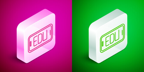 Isometric line Online education and graduation icon isolated on pink and green background. Online teacher on monitor. Webinar and video seminar learning. Silver square button. Vector