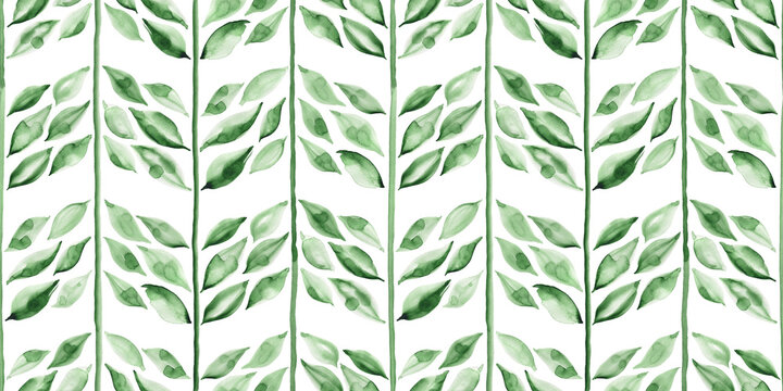 Hand-painted botanical herringbone motif in light green. Seamless watercolor pattern. 