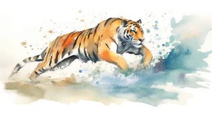 Foto op Canvas fluidity and unpredictability of watercolors by creating a dynamic and energetic tiger print. bold brushstrokes and splashes of color to depict the tiger movement and power © PinkiePie