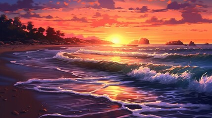 Fototapeta na wymiar Dusk on the Shore, Radiant Beauty Ocean Sunset: A Stunning Beach Landscape loop animation, sunset over the sea, Generative AI