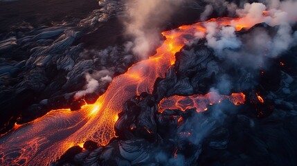 Lava flows from Mount Fagradalsfjall, aerial evening view, Iceland, Generative AI