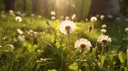 Dandelions in the meadow - Macro Shot of Dandelions being blown in super slow motion. Outdoor scene with sun rays, Generative AI