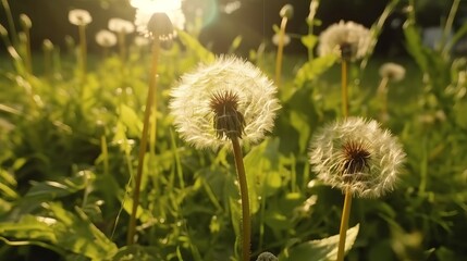Macro Shot of Dandelions being blown in super slow motion. Outdoor scene with sun rays, Generative AI