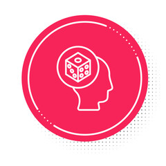 White line Game dice icon isolated on white background. Casino gambling. Red circle button. Vector