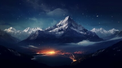 Fototapeta na wymiar Beautiful mountain view at night - Mountain at night under a starry sky, Generative AI