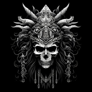 viking skull warrior black and white illustration