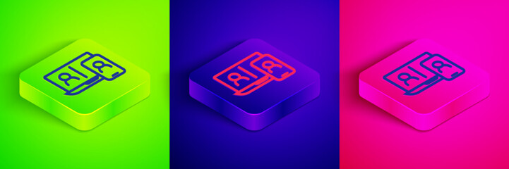 Isometric line Video chat conference icon isolated on green, blue and pink background. Online meeting work form home. Remote project management. Square button. Vector