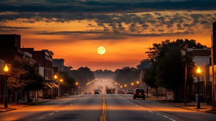 Sunset over the city - Statesboro, GA, United States Full Moon on a Daybreak, Generative AI