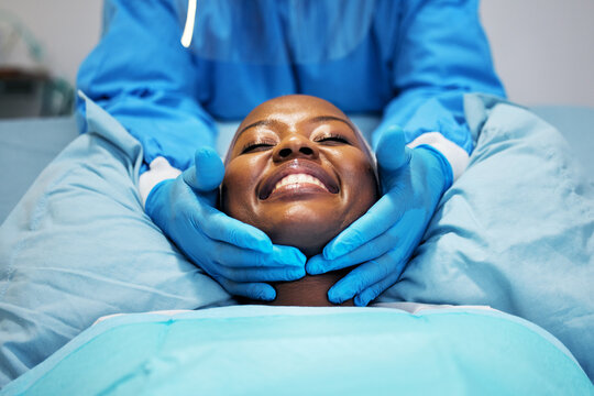 Smile, Beauty And Hands Of Surgeon On Black Woman Face In Clinic For Plastic Surgery, Skincare Or Chemical Peel. Medical, Facial And Female Consulting Dermatologist On Anti Aging, Collagen Or Filler