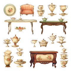 Old retro vintage antique furniture sofa teacup vector illustration sticker set Generative AI