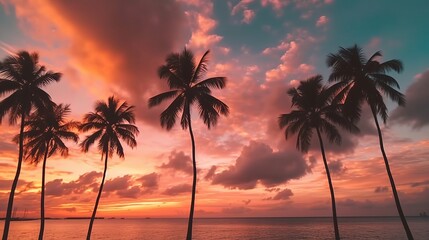 Obraz premium Silhouette coconut palm trees: stunning sunset landscape with colorful clouds, Generative AI