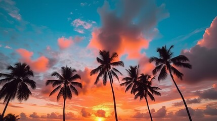 Obraz na płótnie Canvas Silhouette of coconut palm trees in a breathtaking sunset: A stunning nature landscape with vibrant colors and serene sky, Generative AI