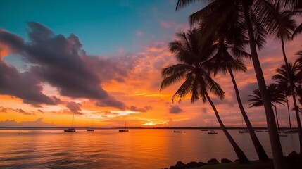 Fototapeta na wymiar Silhouette of coconut palm trees in a stunning sunset: A breathtaking nature landscape with vibrant colors and mesmerizing clouds, Generative AI
