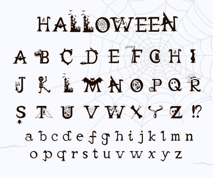Hand drawn Halloween alphabet. Decorative scary style font with halloween elements. Spooky themed letters. Vector Illustration for Halloween Decor.