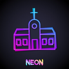 Obraz premium Glowing neon line Church building icon isolated on black background. Christian Church. Religion of church. Vector