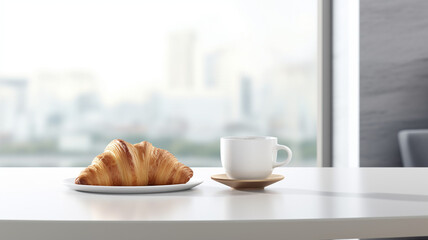 Coffee cup and croissant on a table in the kitchen. Simple modern breakfast at home. AI generated
