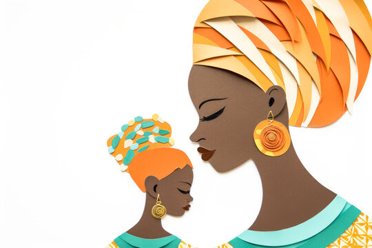Touching African art style portrait of mother and daughter against a white, pastel-dotted background. Ideal for Mother's Day celebration. Generative AI