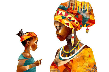 Emotive African-style art featuring a mother and daughter, set against a minimalist white background enhanced by pastel shades. Perfect for Mother's Day. Generative AI