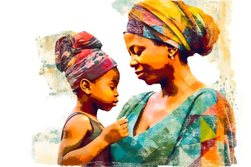 Charming African art style depiction of mother and daughter on a white, subtly pastel-tinted background. Perfect for Mother's Day! Generative AI