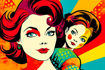 Vibrant Pop Art style depiction of a joyful mother and daughter, surrounded by bold lines on a brightly colored background. Ideal for Mother's Day. Generative AI